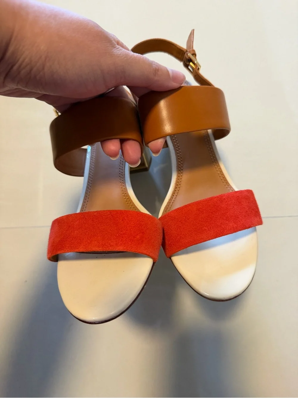 Tory Burch Red Suede & Tan Leather Open-Toe Slingback Sandals